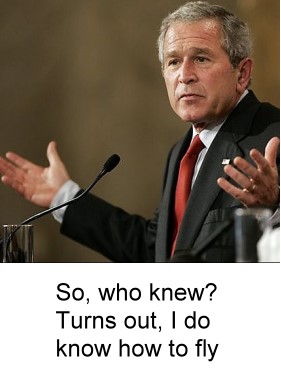President GW Bush with outstretched arms, asking
